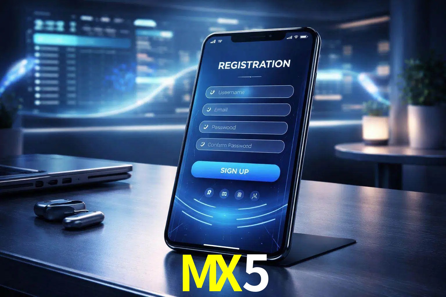Una interfaz moderna de registro móvil para MX5 mostrada en un smartphone con un panel de apuestas elegante.